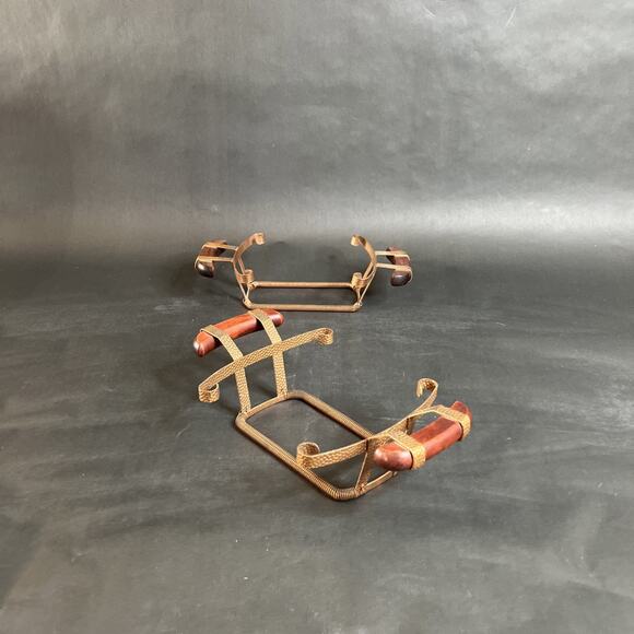 Two Vintage Hammered Copper Casserole Holders Wood Handles Rustic Kitchen Decor - Picture 2 of 5